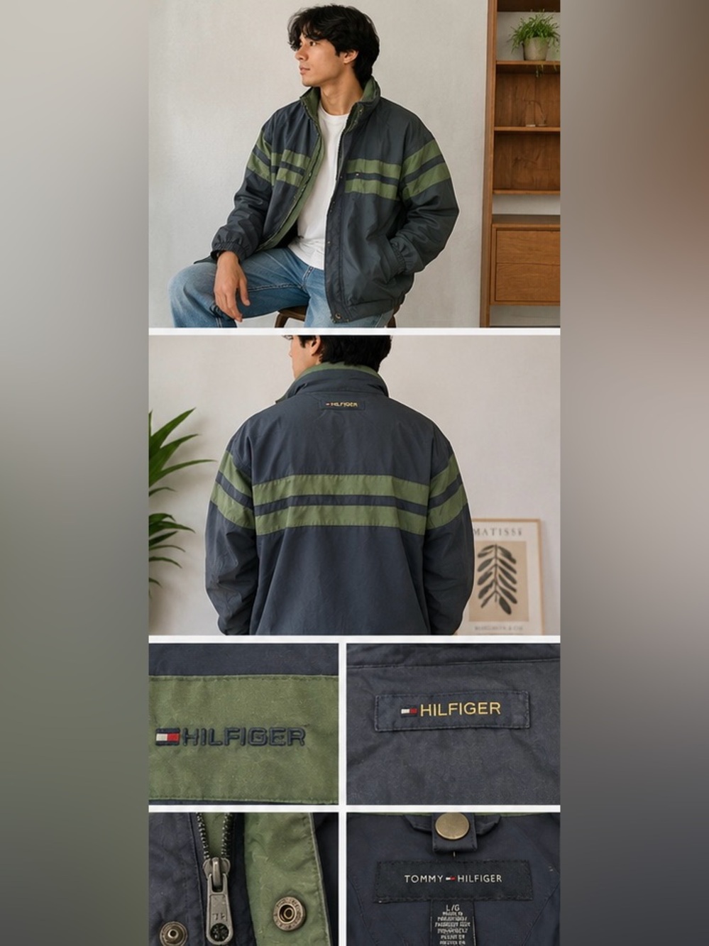 Vintage Tommy Hilfiger Hooded Windbreaker Jacket Mens Large Blue Green Y2K 90s - Picture 2 of 14